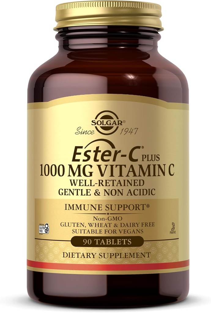 Solgar Ester- C Plus 1000 mg Βιταμίνη C (Ascorbate Complex), 90 δισκία - Απαλό στομαχικό & μη οξύ - Αντιοξειδωτικό & ανοσοποιητικό σύστημα Υποστήριξη - Μη ΓΤΟ, Vegan, Gluten-free, Kosher - 90 Σερβιέτες