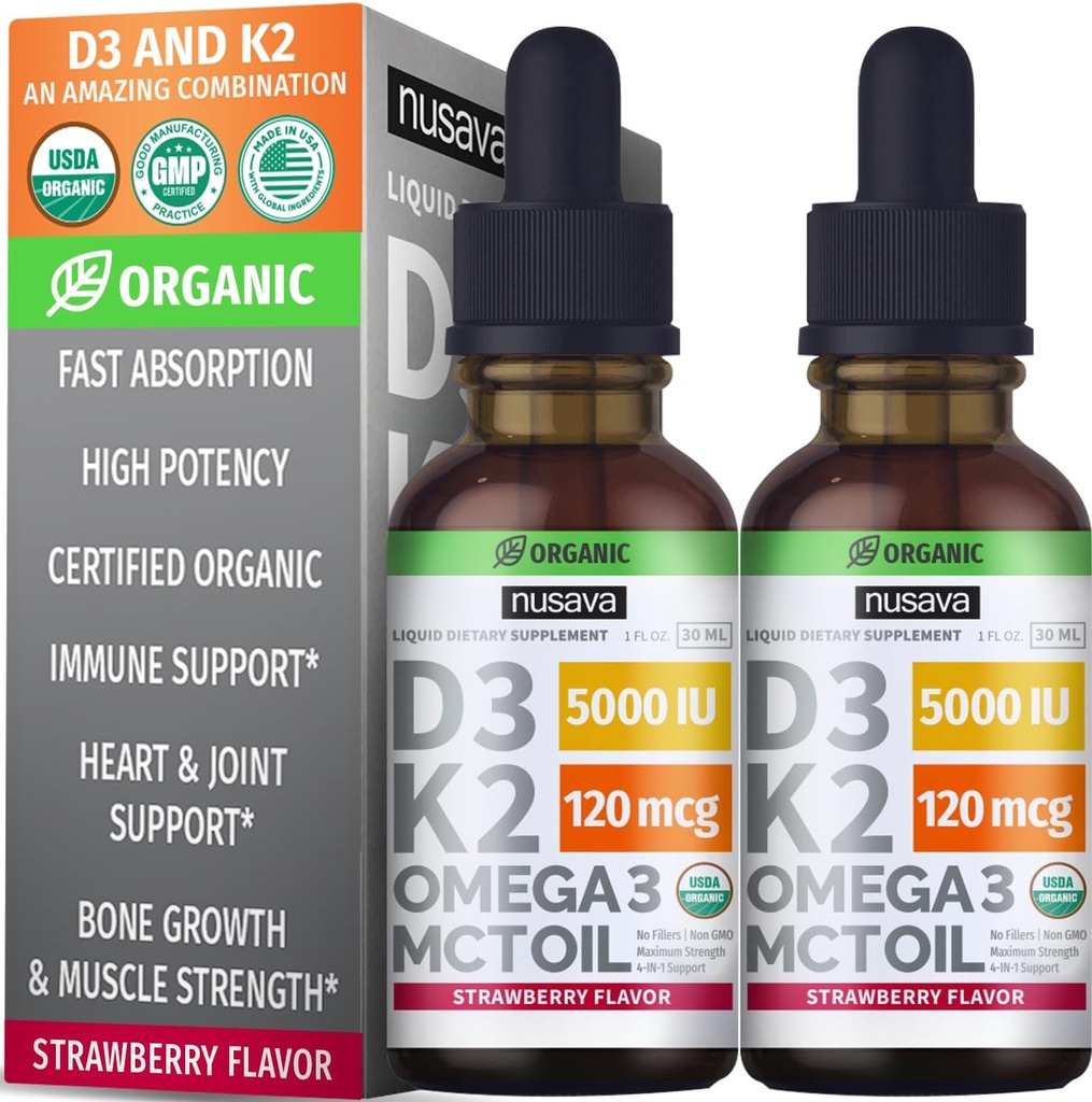 NUSAVA Vitamin B12 Liquid Drops Sche, Strawberry Flavored D3 K2, & Vanilla Flavored D3 K2 - Kalp, Enerji, Beyin ve Immune Desteği için Potent Sıvı Vitaminler - Gluten-Free, 2pk Her Gluten-Free, 2pk
