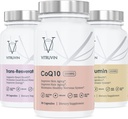 Vitruvin Beauty + Comfort Pack COQ10 200mg + Trans- Resveratrol 500mg + Curcumin 500mg, Vegan, Non-GMO, Gluten-Free, Gelatin-Free. Healthy Skin, Hear, Joints and Brain