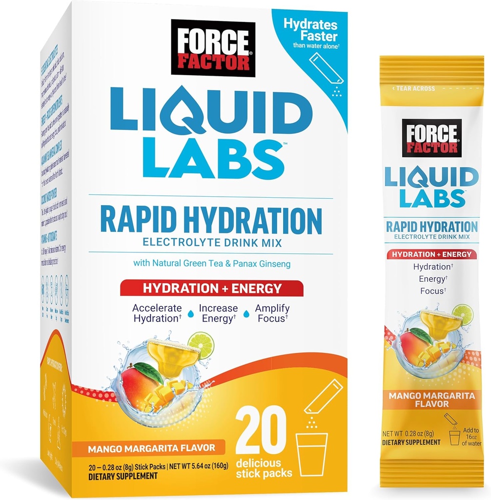 Kuvvet Faktörü Sıvı Laboratuvarları Elektrolytes Toz Paketleri -Mango Margarita - Elektrolyte Water'i 5 Electrolytes, Vitamins, Minerals & Antioksis, 20 Stick Packs