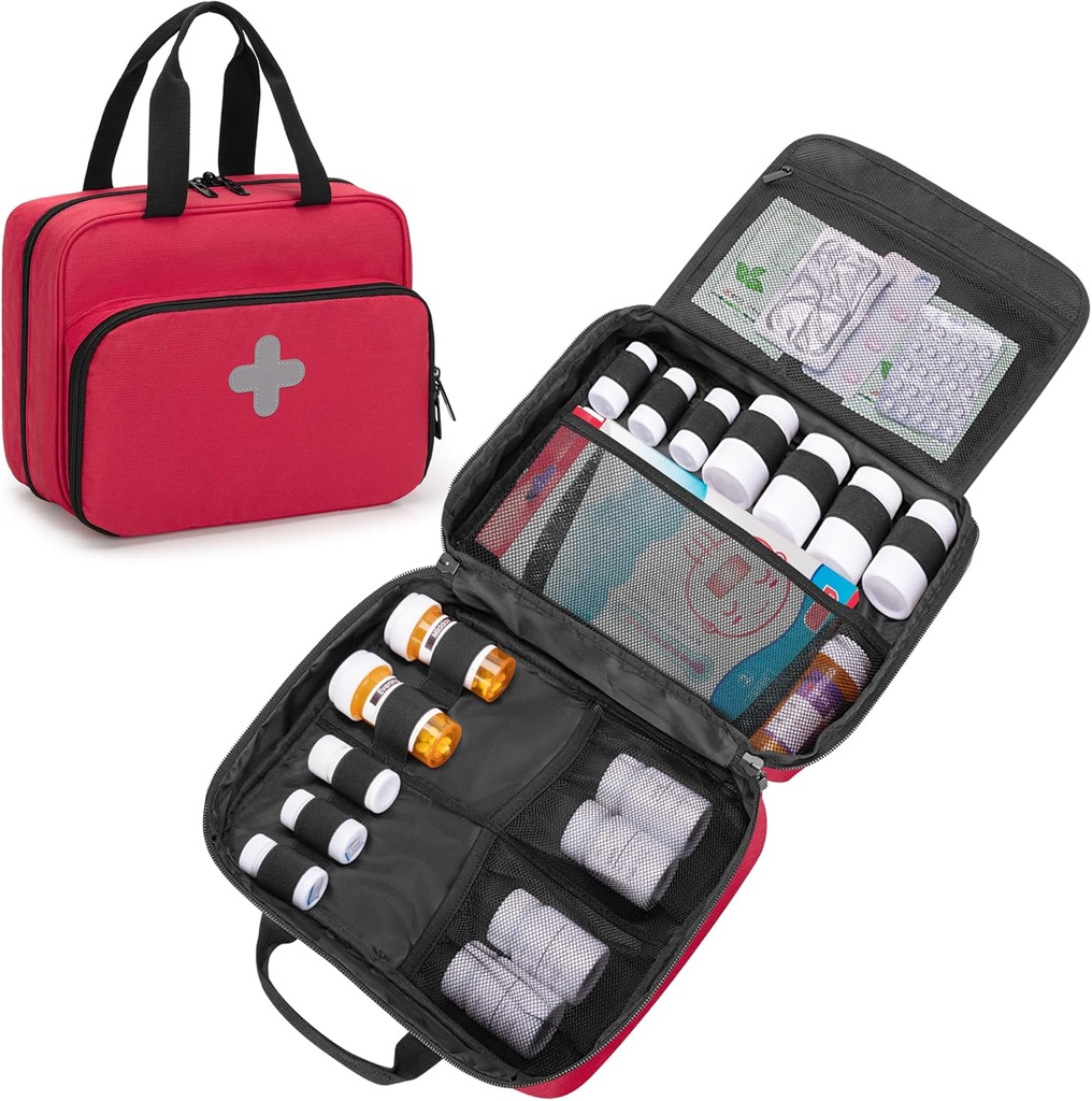 CURMIO Pill Μπουκάλι Organizer Φορητή τσάντα ιατρικής, κλειδώσιμη συνταγή Αποθήκευση μπουκάλι για μπουκάλια χάπι, βιταμίνες, ιατρικά συμπληρώματα για την αποθήκευση και τα ταξίδια στο σπίτι, κόκκινο (Empty τσάντα ιατρικής)