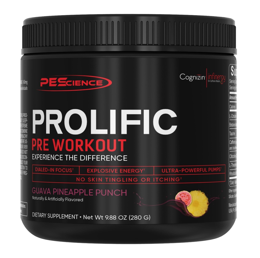 PE Science Prolific Pre Workout Toz for Men & Women with L-Citrulline Nitrik Hoffman, Enerji Toz & Nootropic for Focus – Preworkout Without Beta Alanine – 40 Scoops, Guava Pineapple