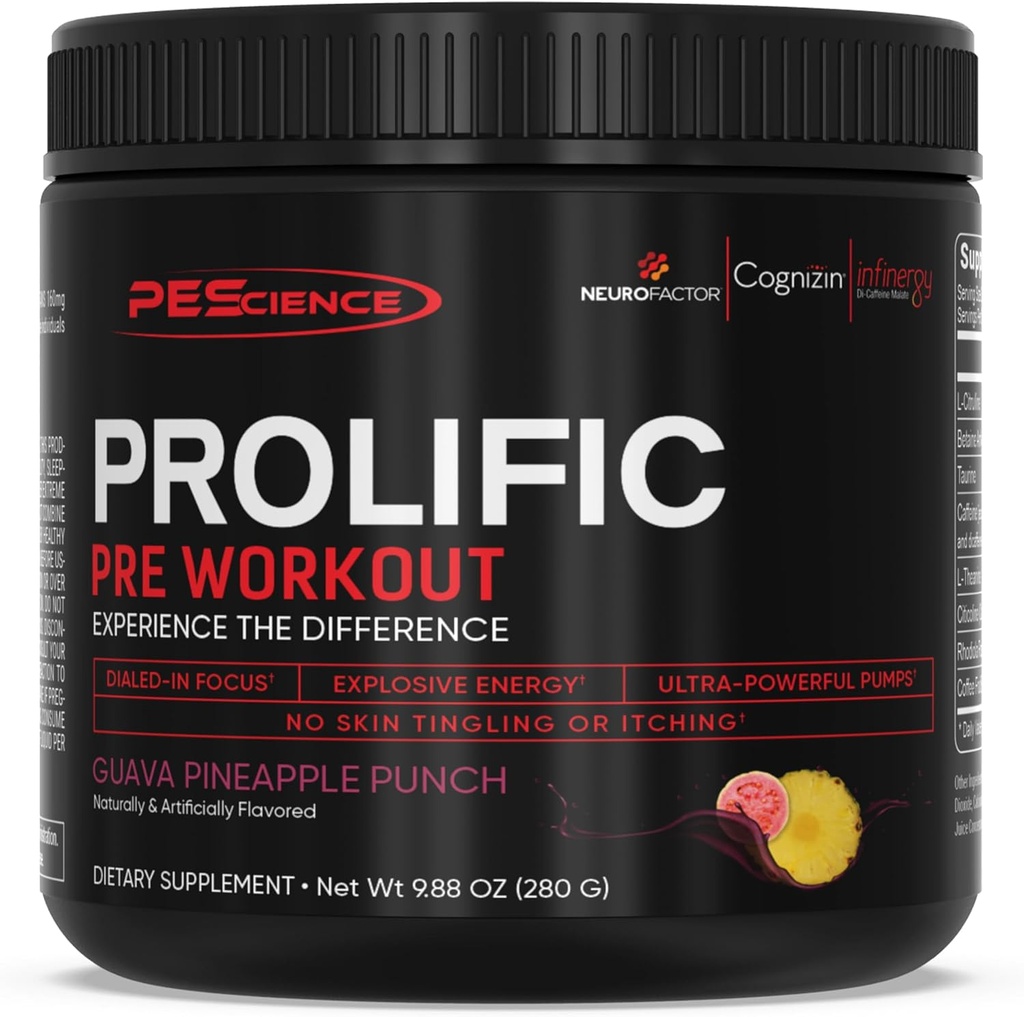 PEScience Prolific Pre Workout Powder for Men & Women with L-Citrulline Nitric Oxide Booster, Energy Powder & Nootropic for Focus – Preworkout Χωρίς Beta Alanine – 40 Scoops, Guava Punch Ανανάς