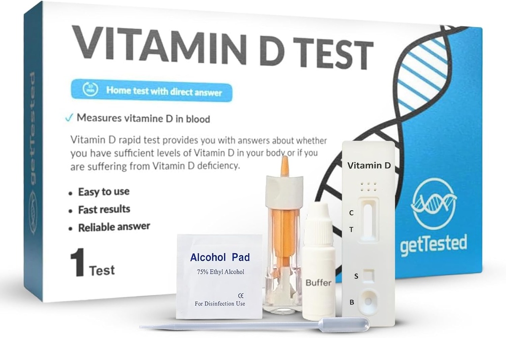 getTested Vitamin D Test Kit at Home - Self Test for Vitamin D Deficiency - Fast, Accurate Results - Easy to Use - No Lab Required - Includes Lancet Buffer Cassette - Finger Prick Blood Test