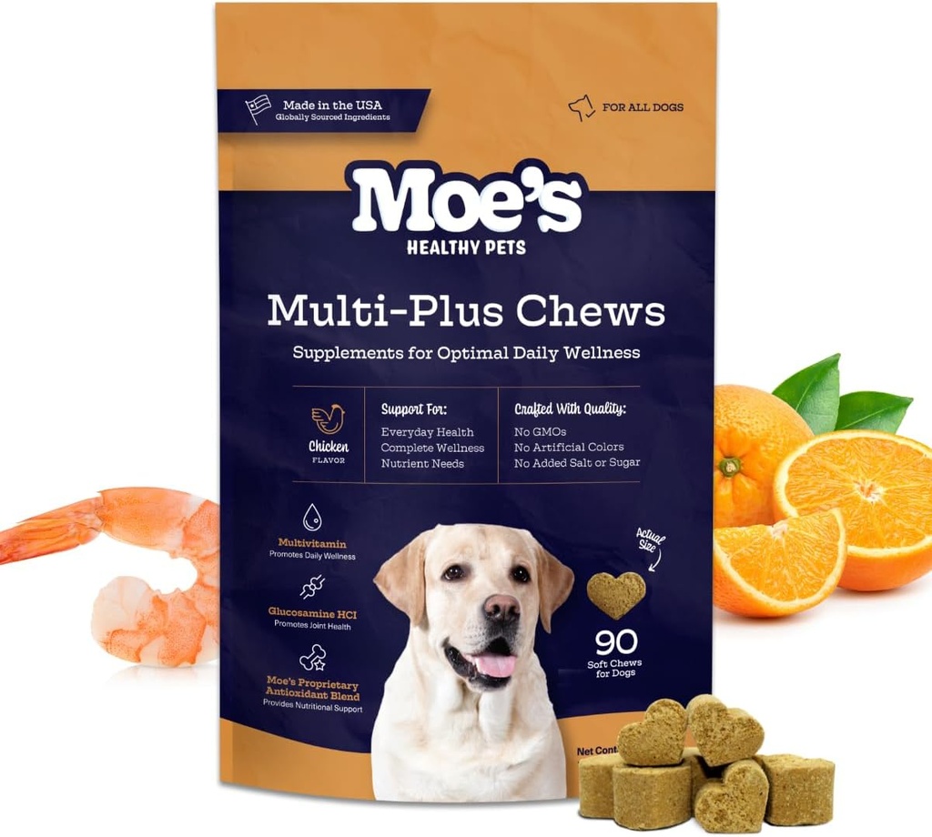 Moe's 5-in-1 Essential Dog Multivitamin 90 Chicken Flavored Chews for Dog's Immune Support, Heart, Skin, Coat, & General Health- Vitamins A, B12, C, D, E, Antioksis, Omega 3 for All Ages & Breeds