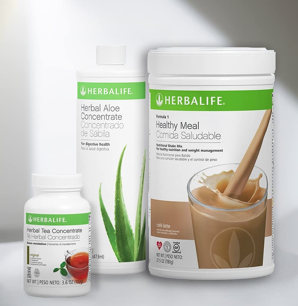 Trio Combo HERBALIFE Formula 1 Υγιής Διατροφική Ανακινήστε Mix (Cafe Latte 780g)-Herbal Aloe Συμπυκνωμένο Pint (Πρωτότυπο 473ml) - Φυτικό Συμπύκνωμα Τσάι (Πρωτότυπο 102g)