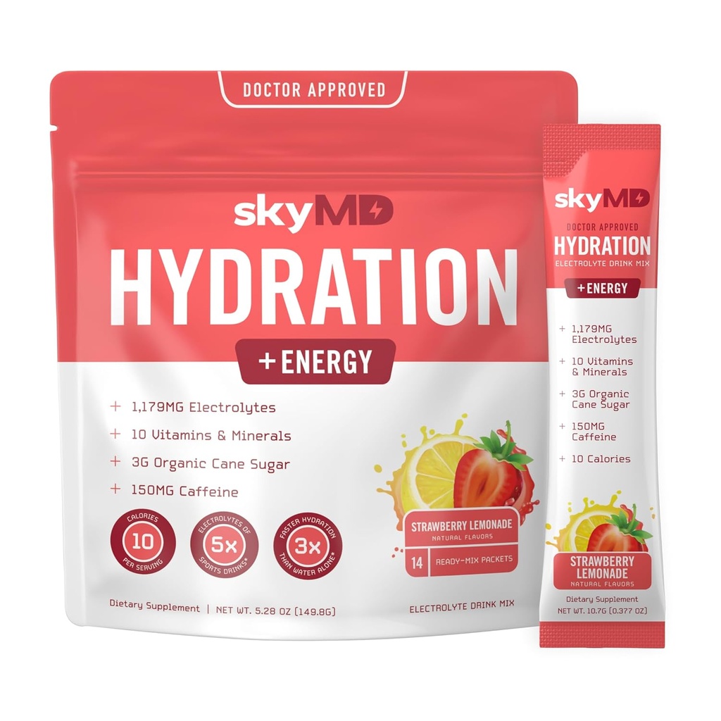 SkyMD Hydration + Enerji | Elektrolytes Toz Paketleri | Low Sugar, sodyum, 10 Calories | 10 Vitamin ve Mineraller | 150g Caffeine for improve Focus and Performance | Strawberry Lemonade | 14 Sticks
