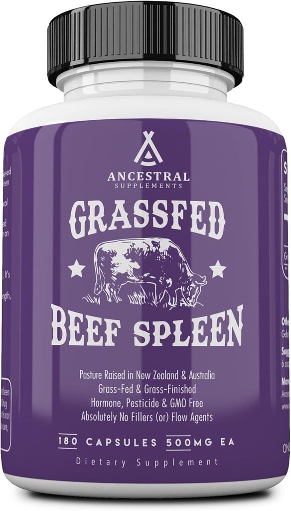 Ancestral Supplements Grass Fed Beef Spleen Supplement, 3000 mg Beef Organ Spleen Support Formula Digestive, Immune, Iron, Enerji ve Alerji Sağlığı, GMO, 180 Capsules