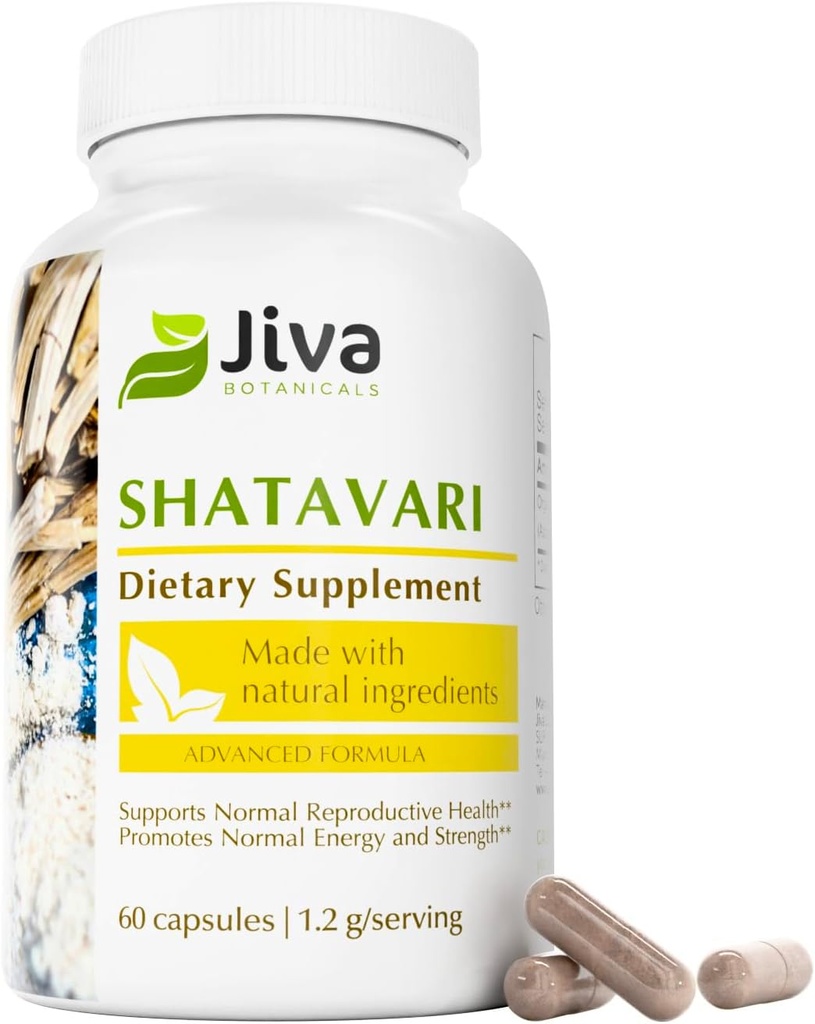 Jiva Botanicals Κάψουλες Shatavari για γυναίκες – 1.200mg Βιολογική σκόνη Shatavari για ορμονική ισορροπία, Γυναικεία αναπαραγωγική υγεία & εμμηνόπαυση Υποστήριξη – Μη ΓΤΟ, Vegan, Χωρίς γλουτένη – 60 κάψουλες