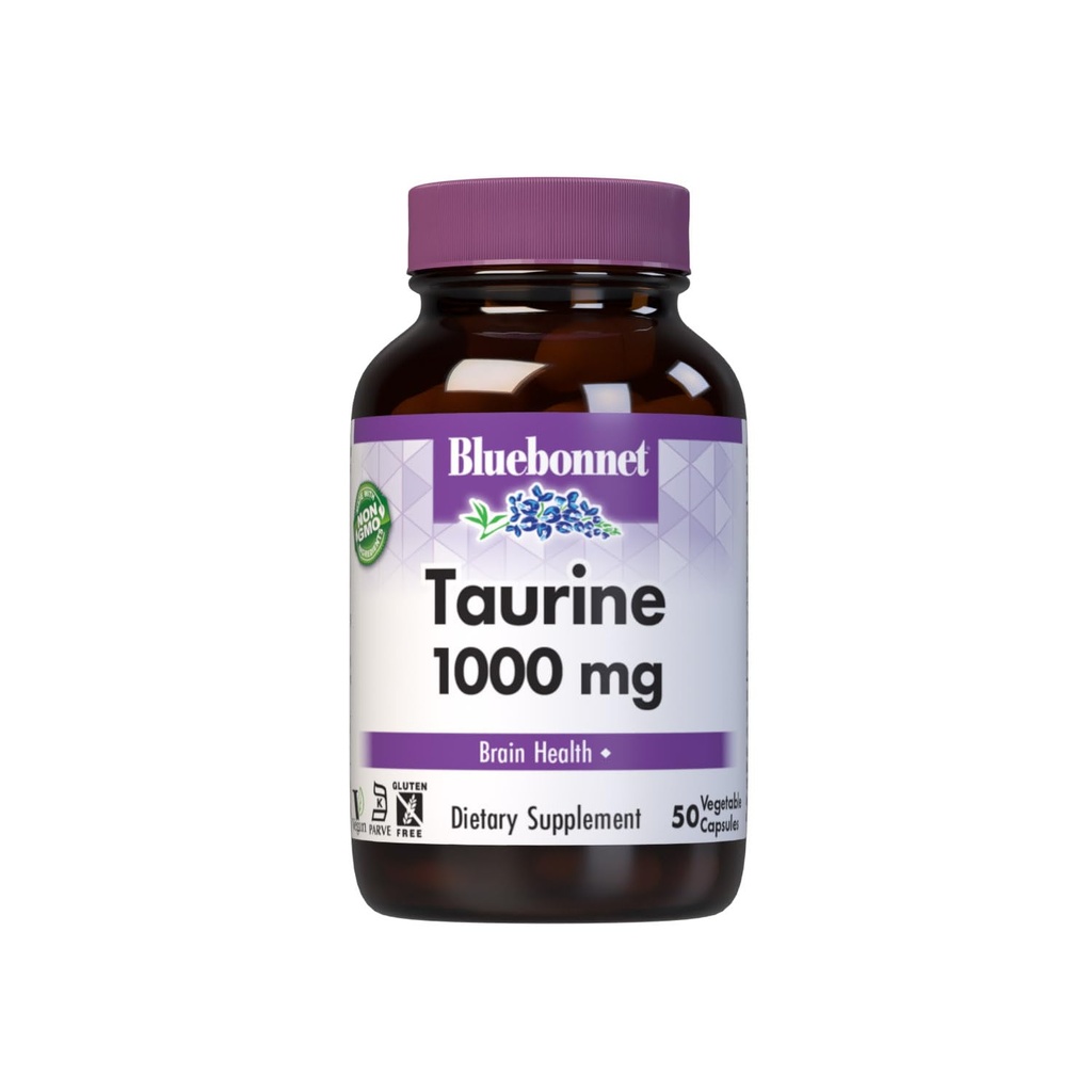 Bluebonnet Beslenme Taurine 1000 mg, Nervous System Health*, Non-GMO, Vegan, Kosher Sertifikalı, Gluten-Free, Soy-Free, 50 Sebze Kapsülleri, 50 Hizmet