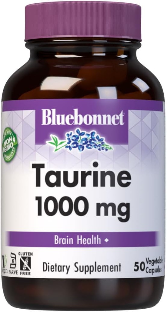 Bluebonnet Beslenme Taurine 1000 mg, Nervous System Health*, Non-GMO, Vegan, Kosher Sertifikalı, Gluten-Free, Soy-Free, 50 Sebze Kapsülleri, 50 Hizmet