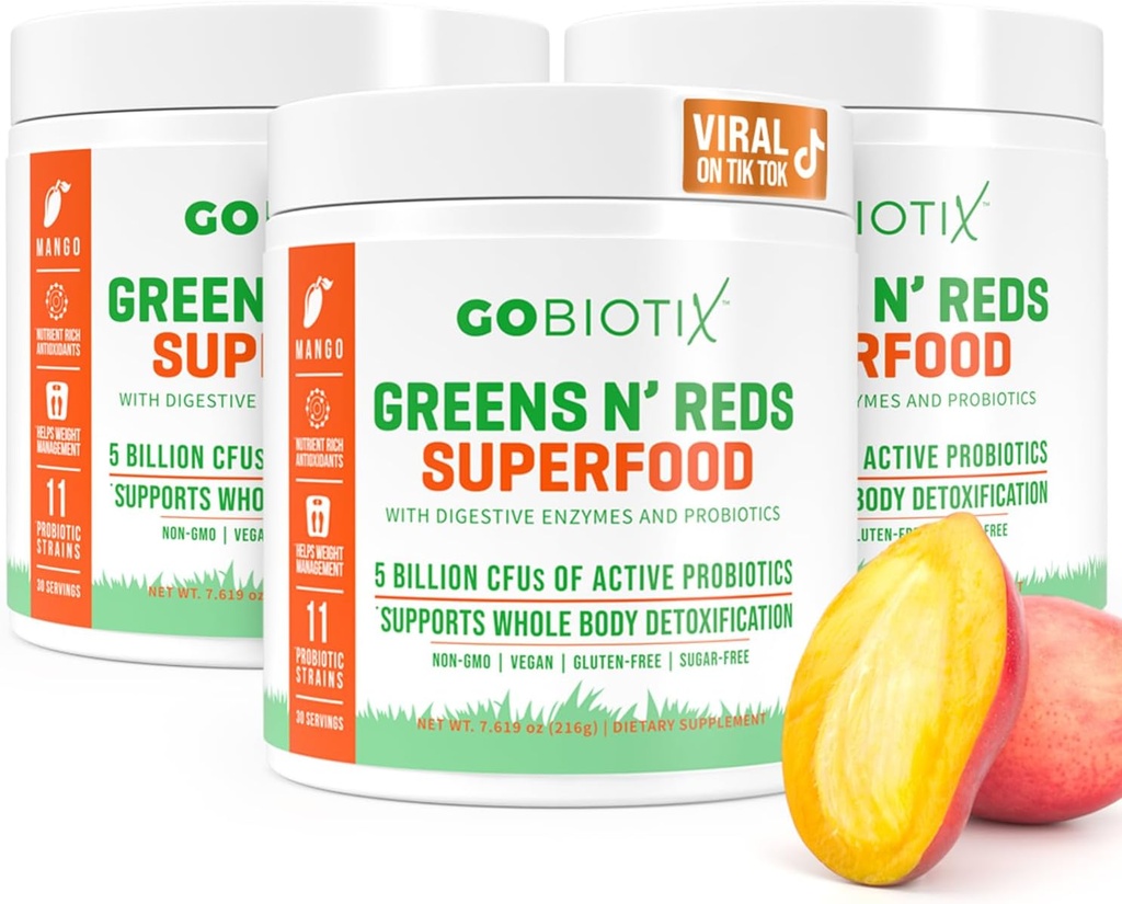 GOBIOTIX Super Greens και Reds σκόνη - Κόκκινο και Πράσινο Superfood - Συμπλήρωμα προβιοτικών - Digestive Ένζυμα και σκόνη ρίζας τεύτλων - Βιολογικό συμπλήρωμα διατροφής ολόκληρων τροφίμων (Mango, 3 Pack)