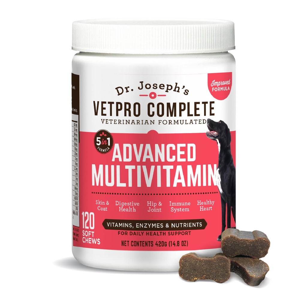 Dr. Joseph's VetPro Complete Multivitamin Dog Supplement, 120 Kont (Large Dog 60 Day Supply), 5in1 Chew Vitamins, Enzymes & Nutrients, Hip & Ortak Sağlık, Immune System & Alerji Destek