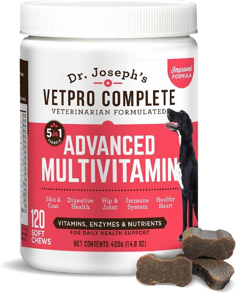 Dr. Joseph's VetPro Complete Multivitamin Dog Supplement, 120 Kont (Large Dog 60 Day Supply), 5in1 Chew Vitamins, Enzymes & Nutrients, Hip & Ortak Sağlık, Immune System & Alerji Destek