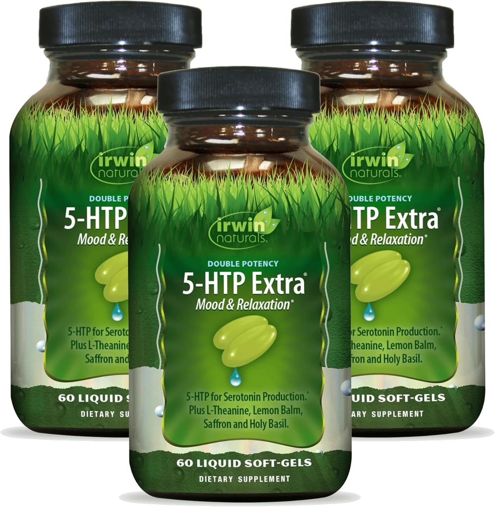 Irwin Naturals Double Potency 5-HTP Extra - 60 Liquid Soft-Gels, Pack of 3 - for Relaxation & Serotonin Production - 90 Total Services