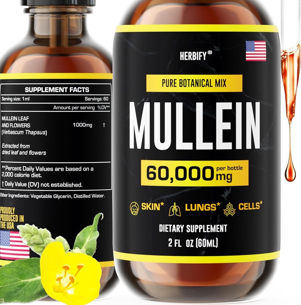 HERBIFY Mullein Extract 2 oz Tincture for Respiratory Health, Mullein Leaf and Flowers Blend (Verbascum Densiflorum)