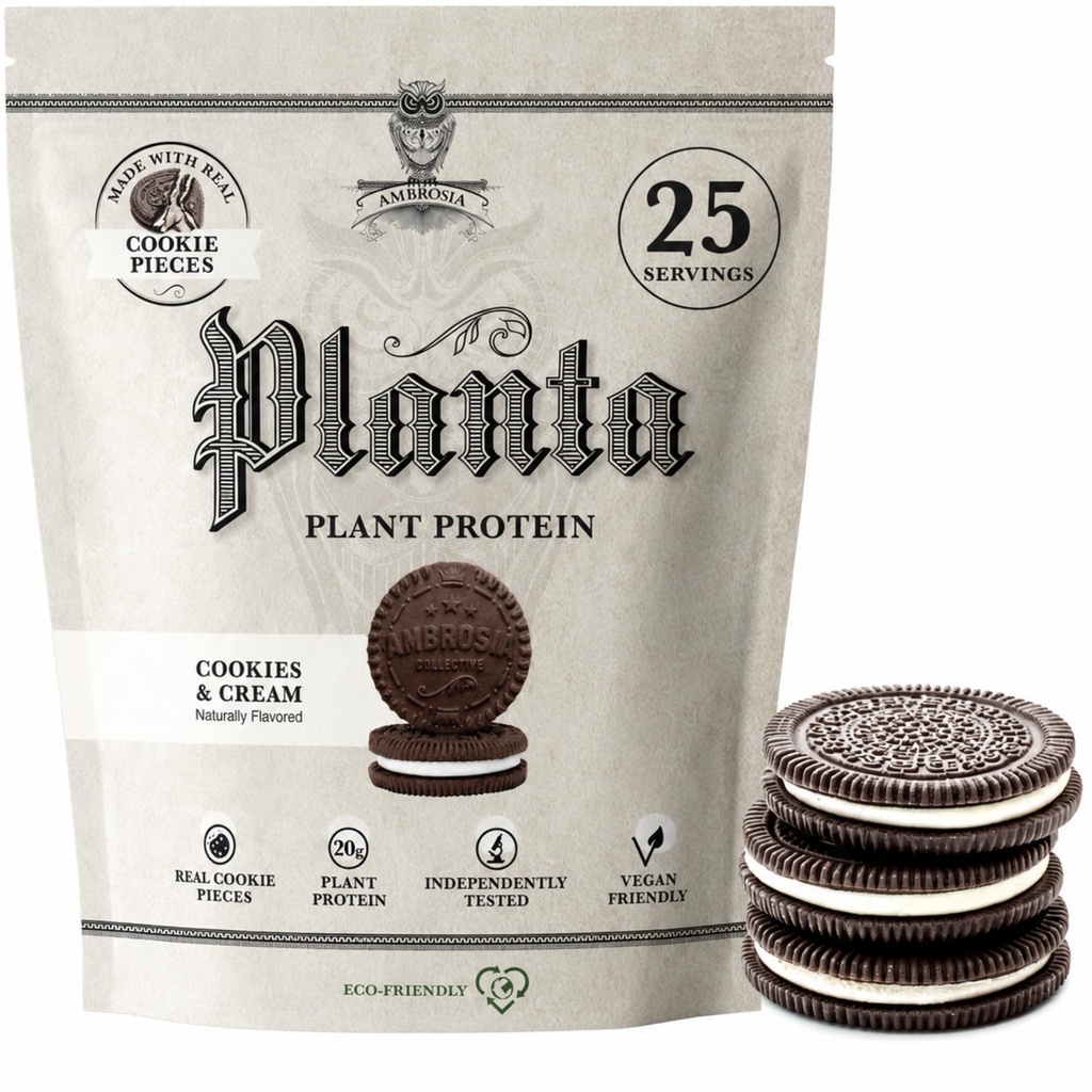 Ambrosia Planta - Premium Plant-Based Protein | Vegan & Keto Friendly | Gurating or Stomach Upset | Gluten & Soy Free | Nodrew Sugar | 25 Servisler | Kurabiyeler Cream