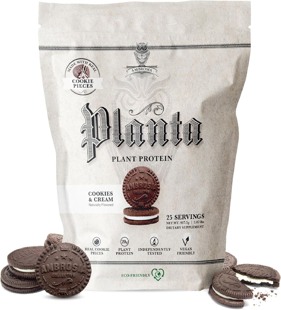 Ambrosia Planta - Premium Plant-Based Protein | Vegan & Keto Friendly | Gurating or Stomach Upset | Gluten & Soy Free | Nodrew Sugar | 25 Servisler | Kurabiyeler Cream