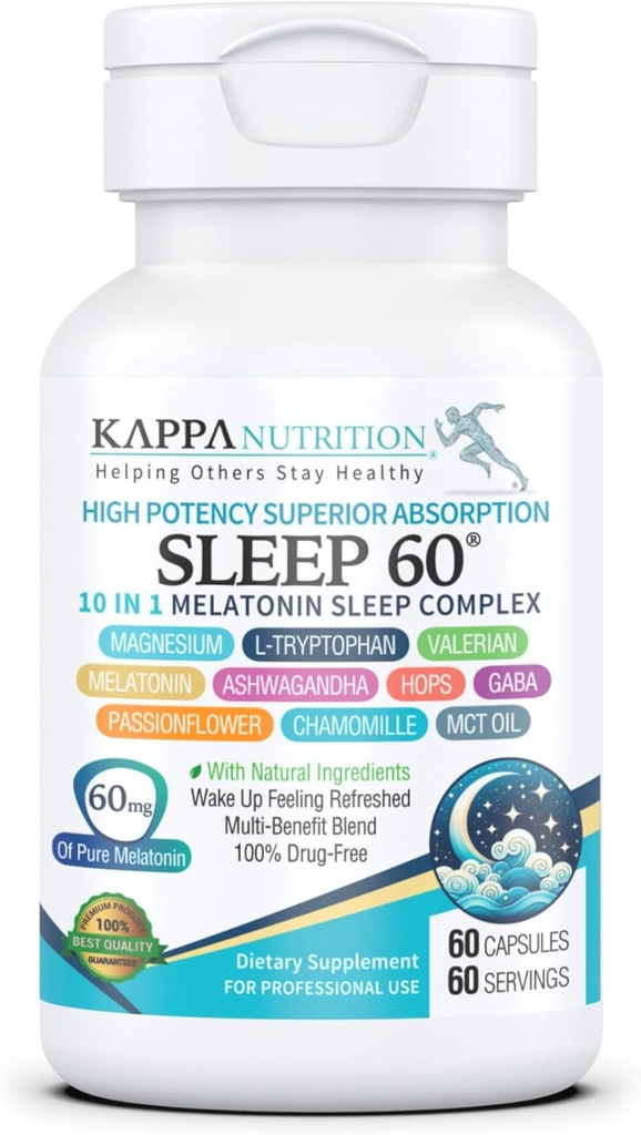 KAPPA NUTRITION Sleep 60, Sleep Aid, 60mg μελατονίνης, 60-ημέρες προσφοράς, μη-Habit που αποτελούν κάψουλες Vegan φυσικά συστατικά για την εύκολη ώρα ύπνου, συμπλήρωμα βοτάνων, ρίζα βαλεριάνας, χαμομήλι μη-GMO
