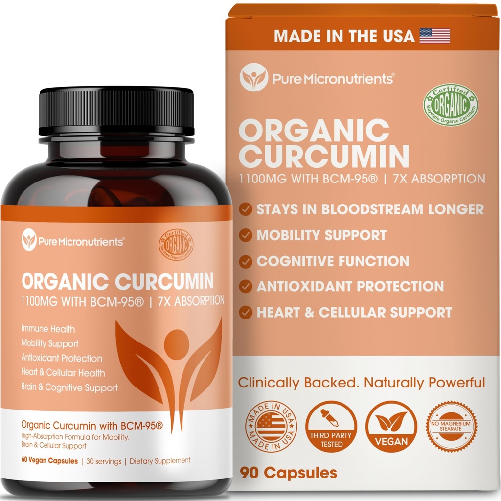 Organik Turmeric Curcumin with Black Pepper & BCM-95 - For Inflammatory Support, Brain & Immune Health - 60 Vegan Turmeric Capsules, 1000 mg Per Serve - Herbal Curcumin Supplements