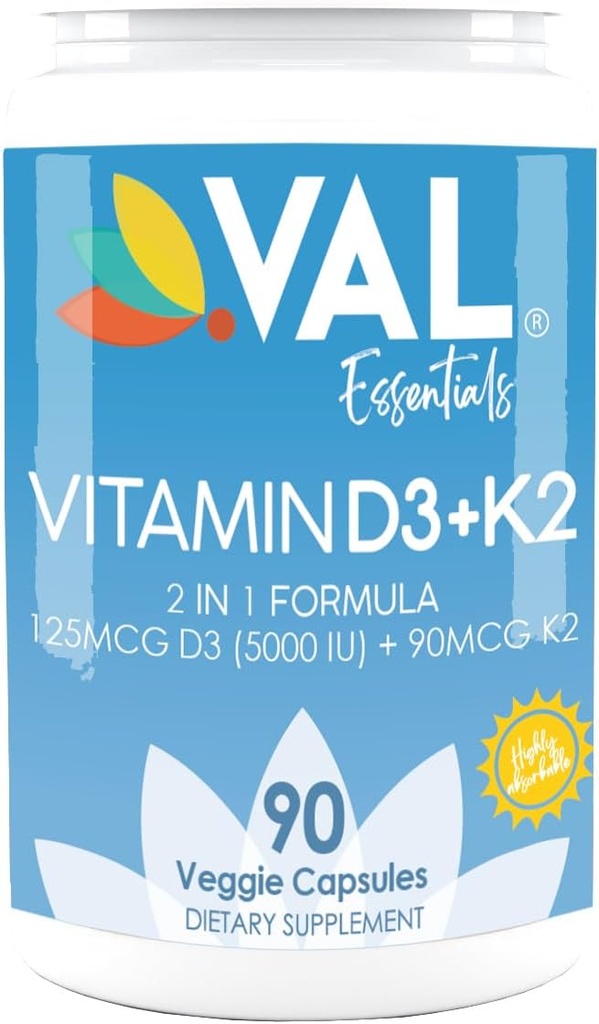 VAL Vitamin D3 + K2 (MK-7) 5000 IU & 90 mcg – Bone & Heart Health Support – High Potency, Non-GMO, Easy to Swallow – 90 Vegan Capsules – D3 K2 Supplement ABD'de yapıldı