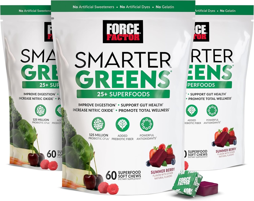 FORCE FACTOR Smarter Greens Superfood Chews, 3-Pack, Greens και Superfoods με Προβιοτικά, Αντιοξειδωτικά, και Fiber, Greens συμπλήρωμα για την υποστήριξη Digestion, Nitric Oxide, και Ενέργεια, 180 Chews