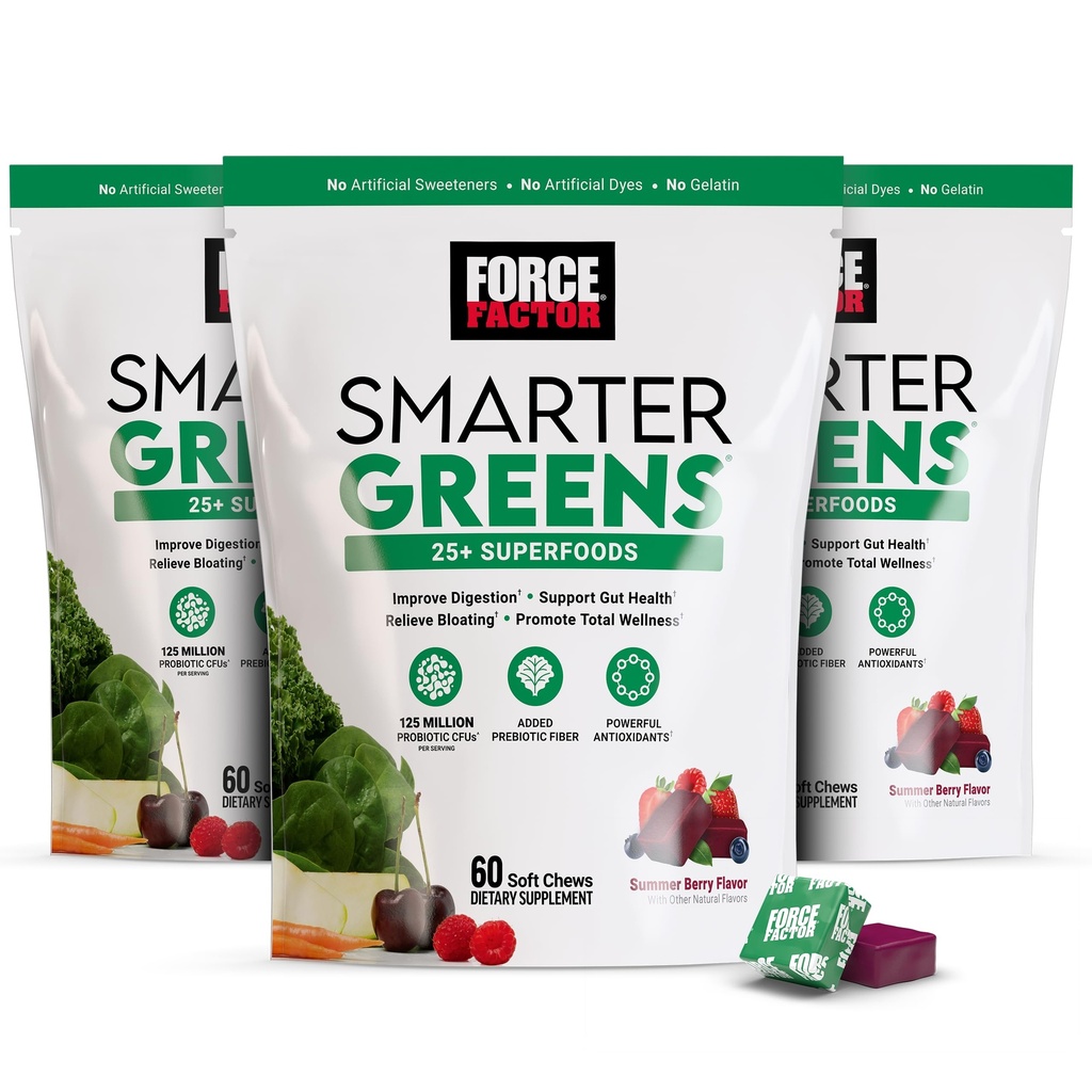 FORCE FACTOR Smarter Greens Superfood Chews, 3-Pack, Greens και Superfoods με Προβιοτικά, Αντιοξειδωτικά, και Fiber, Greens συμπλήρωμα για την υποστήριξη Digestion, Nitric Oxide, και Ενέργεια, 180 Chews