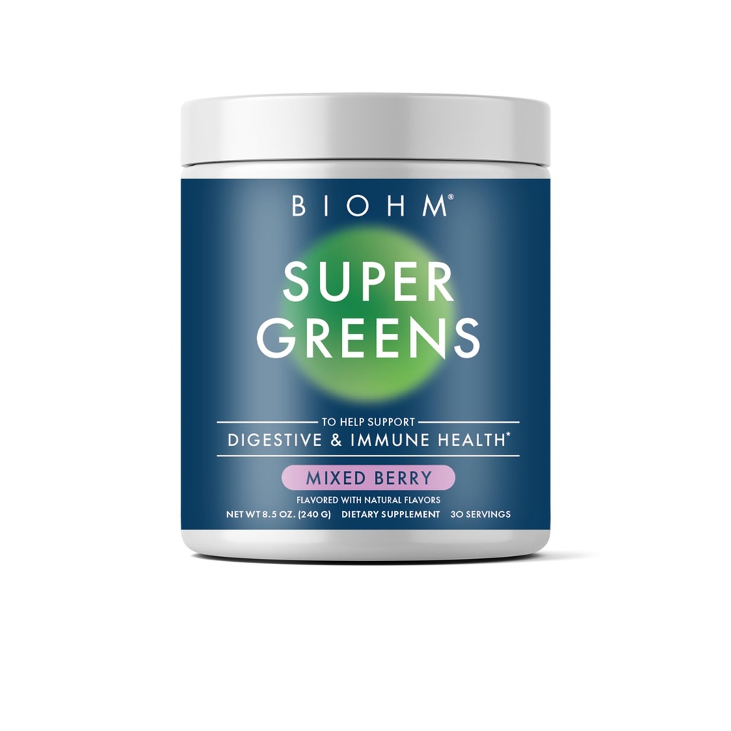 BIOHM Super Greens, Green Superfood Powder (8.5 Oz, 30 Servings) Αντιοξειδωτική Veggie Powder & Smoothie Mix, 34 Superfoods & Spirulina, Digestive Enzymes, Πρεβιοτικά και Προβιοτικά, Μικτή Γεύση Berry