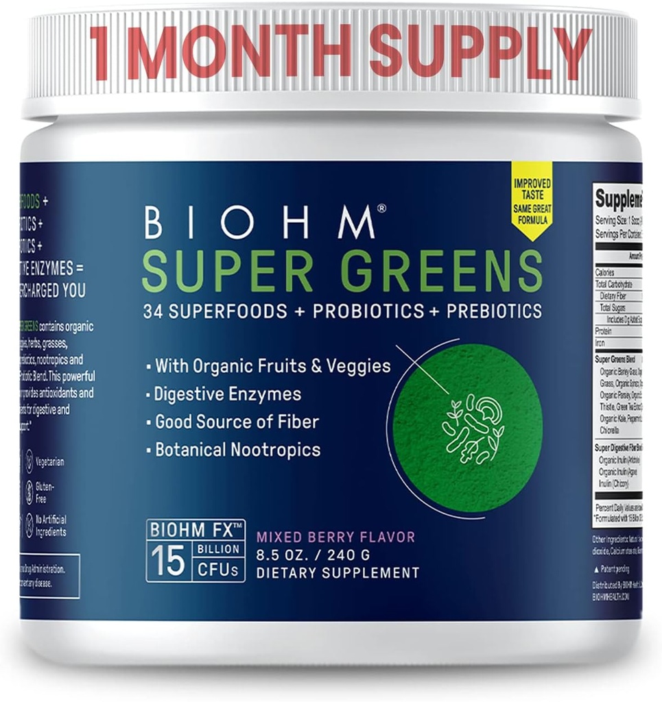BIOHM Super Greens, Green Superfood Powder (8.5 Oz, 30 Servings) Antioxidant Veggie Powder & Smoothie Mix, 34 Superfoods & Spirulina, Digestive Enzymes, Prebiotics and Probiotics, Mixed Berry Flavor