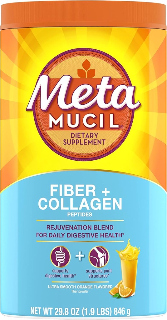 Metamucil Daily Fiber + Collagen, Psyllium Husk Toz, Plant Based Fiber Supplement, Sugar-Free with Stevia, 3-in-1 Fiber Supplement for Digestive Health, Orange Flavored, 90 Doses