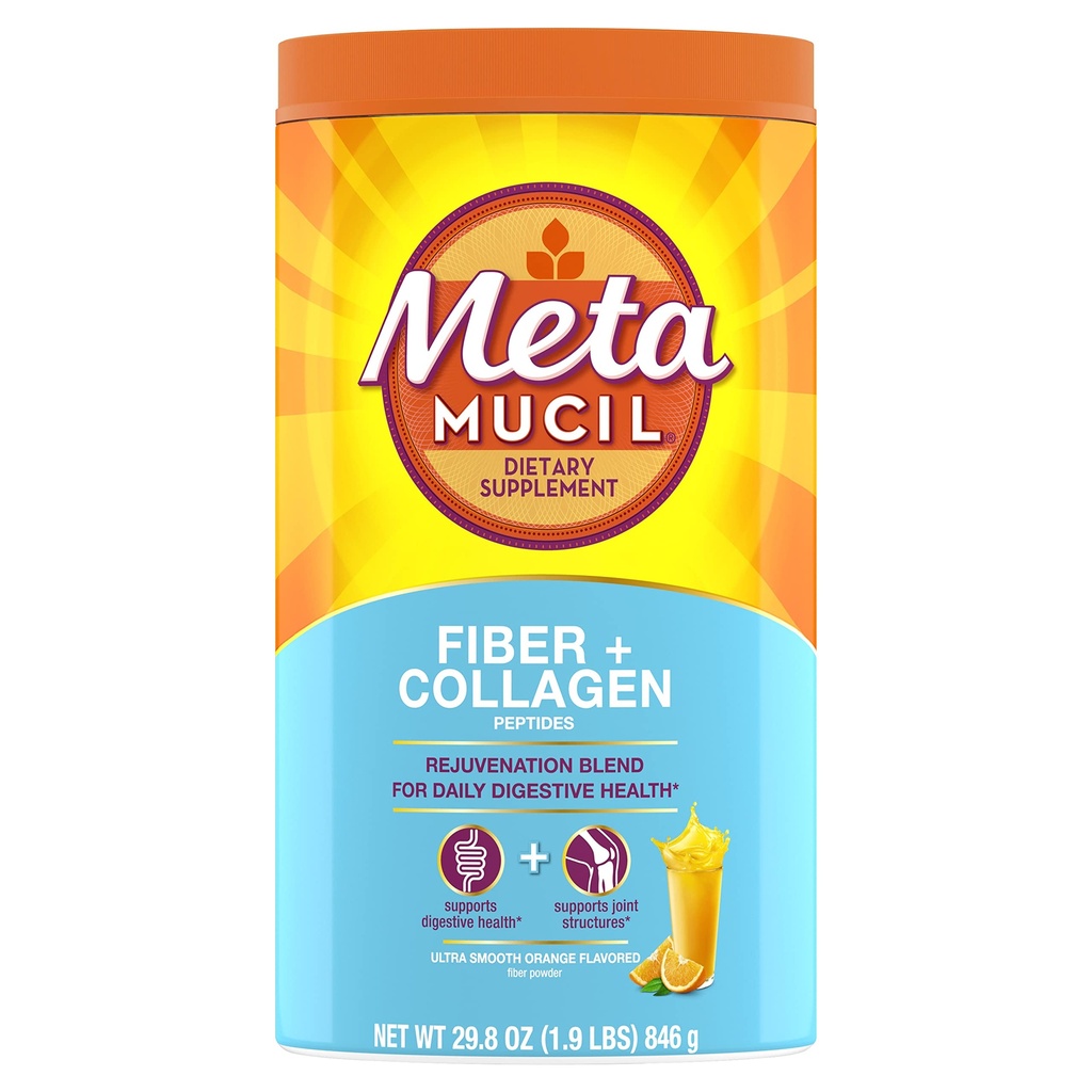 Metamucil Daily Fiber + Collagen, Psyllium Husk Toz, Plant Based Fiber Supplement, Sugar-Free with Stevia, 3-in-1 Fiber Supplement for Digestive Health, Orange Flavored, 90 Doses