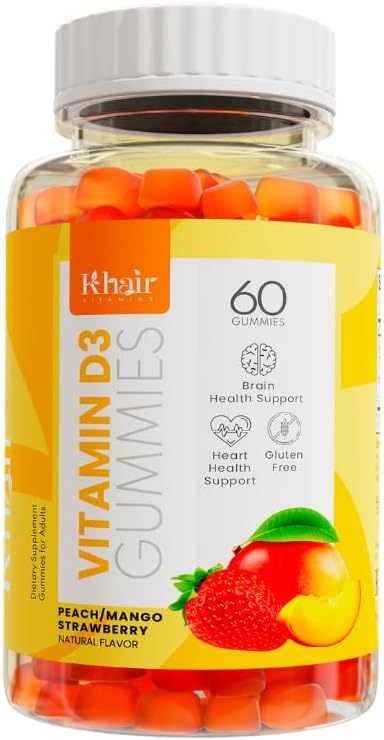 Khair Halal Vitamin D3 Bone & Muscle Support - Non-GMO, Gluten & Gelatin Free, Vegetarian, Hell-Cerrec, Natural Mango, Peach & Strawberry Flavors - 60 Gummies