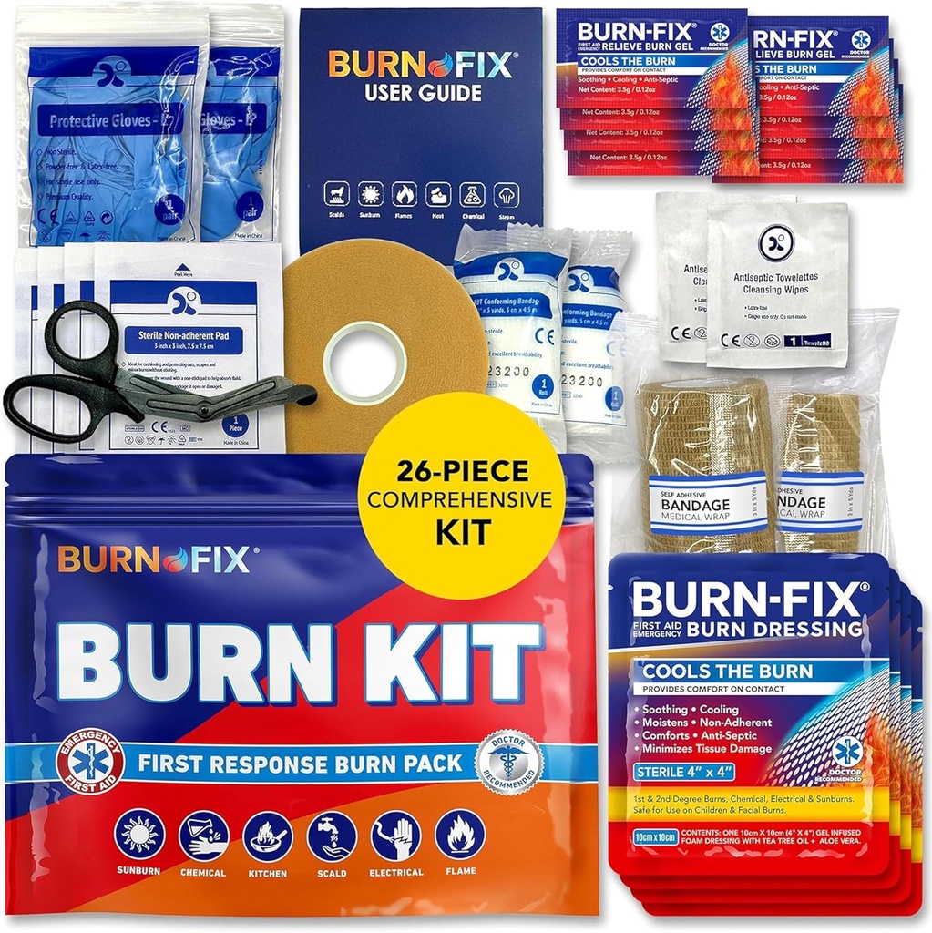 BurnFix® Burn Kit Πρώτη βοήθεια για εγκαύματα έκτακτης ανάγκης – 26-Piece Burn Θεραπεία με Gel ψύξης, Dressings & Γάντια – Κουζίνα, Sunburn, Chemical & Scald Relief – Σπίτι, Γραφείο, Ταξίδια