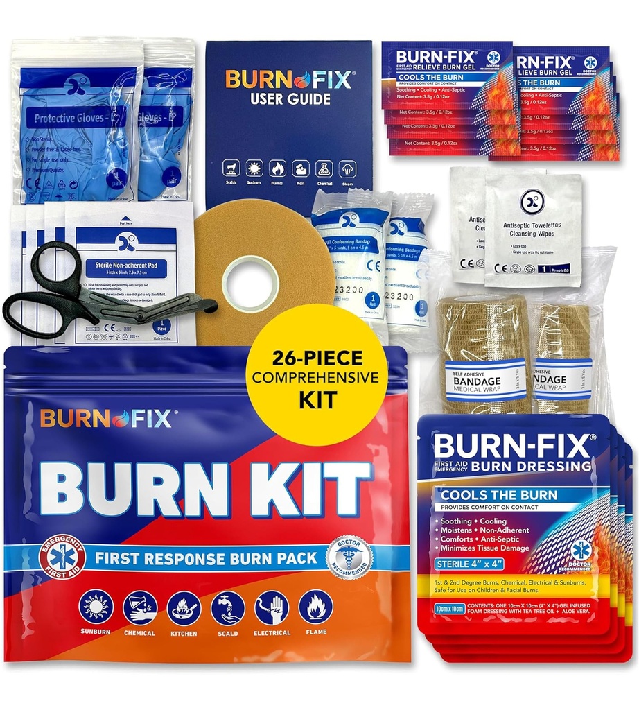 BurnFix® Burn Kit Πρώτη βοήθεια για εγκαύματα έκτακτης ανάγκης – 26-Piece Burn Θεραπεία με Gel ψύξης, Dressings & Γάντια – Κουζίνα, Sunburn, Chemical & Scald Relief – Σπίτι, Γραφείο, Ταξίδια