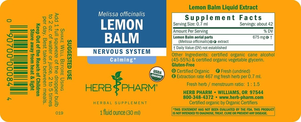 Βότανο Pharm Certified Organic Lemon Balm Liquid Extract for Calming Nury System Support, Organic Cane Alcohol, 1 Ουγγιά (Pack of 5)