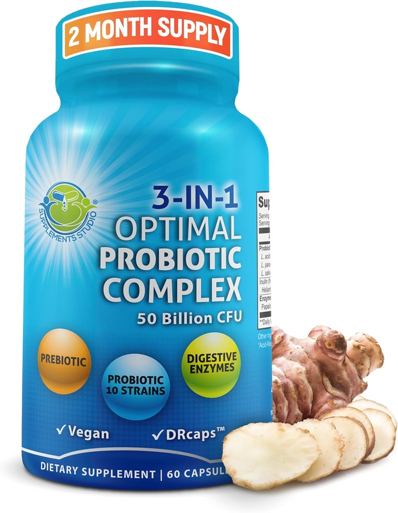 Probiotics with Digestive Enzymes and Prebiotic for Women and Men - 3-in-1 Vegan Probiotic Multi Enzyme Complex for Gut Health - Μέγιστες Απορρόφηση Καθυστερημένες κάψουλες