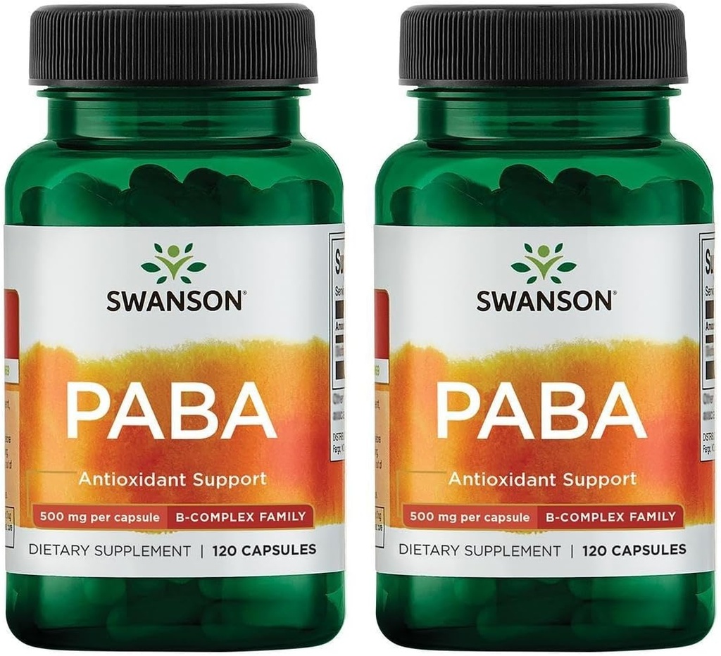 Swanson PABA - Güçlü B Kompleksi Red Blood Hücre Formasyonunu Destekledi - Folic Asit Kompülleri ve Skin Health Support - (120 Capsules, 500 mg Her) (2 Pack)