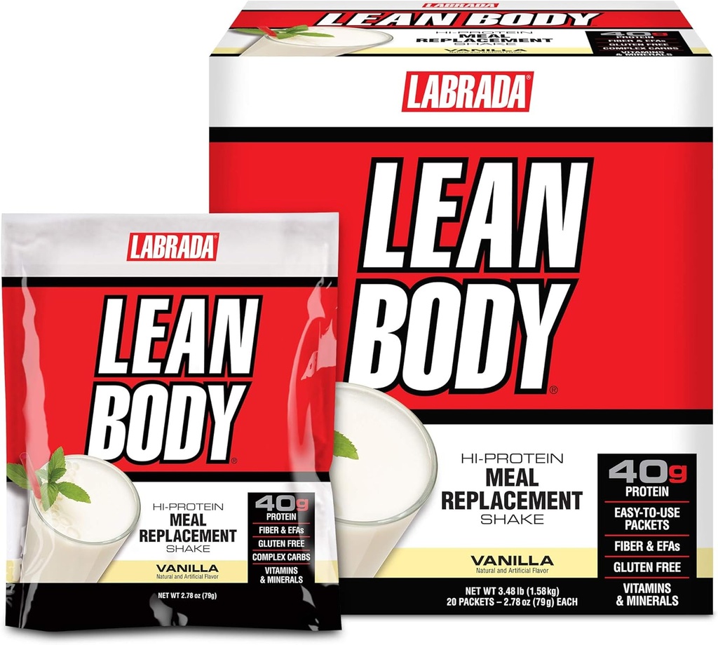 Lean Body MRP All-In-One Vanilla Meal Change Shake, 40g Protein, Whey Mix , 8g Sağlıklı Fats EFA's & Fiber, 22 Vitamin ve Minerals , yapay renk, Gluten Free, (20 Packets)