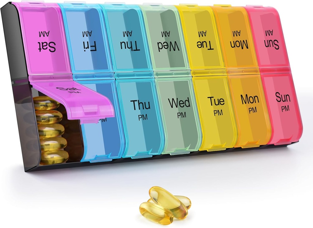 GREENCYCLE Ekstra Büyük Pi Weekly Pill Organizer 2 Times A Day,7 Day Pill Box AM PM Medicine Planlayıcı Wine Case with XXL Karşılaştırmalı Ev Pill Konteyner For Vitamins Fish Oil Supplements (Rainbow)