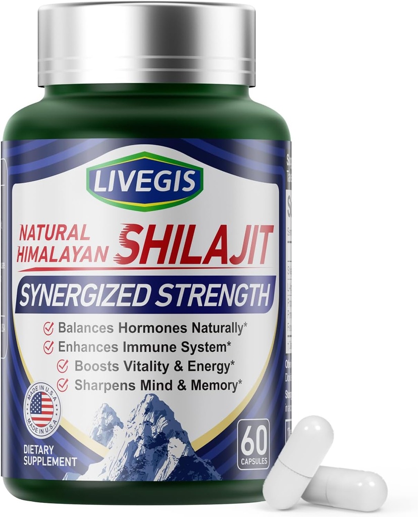 Ιμαλαΐων Shilajit Κάψουλες Ισορροπία Ορμόνες, Ενίσχυση Ανοσίας, Ενίσχυση Ζωτικότητας & Μνήμης, Υψηλής ισχύος συμπλήρωμα με διάφορα συστατικά,Non-GMO Natural & Organic - 60 Μετρήσεις