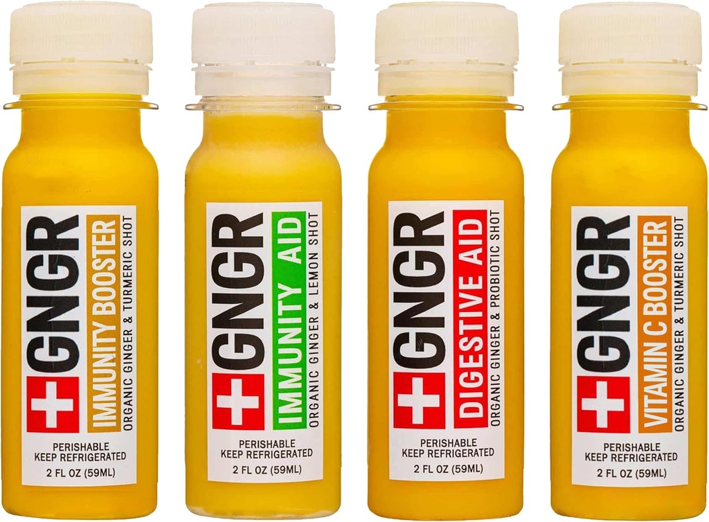+GNGR 24 Shots Diversity Pack of Organic Immunity Boosting Ginger Shots - Cold Pressed Ginger Shots for All Natural Digestive and Immune Support - Nothing Yapay - USDA Organic 2 fl oz (24 paketi)