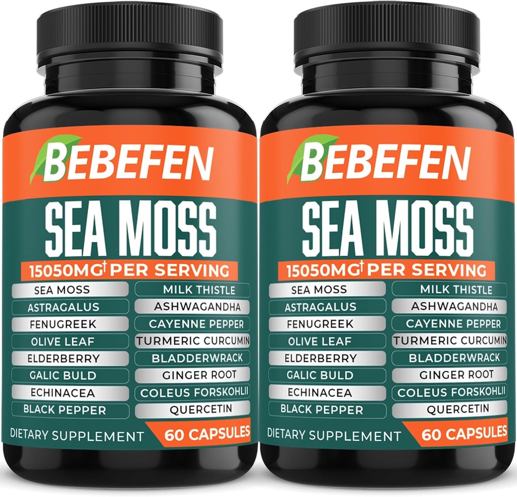 BEBEFEN (2 Packs) 15050 mg Sea Moss Capsules with Ashwagandha, Fenugreek, Bladderwrack ve More - Immune System & Body Management