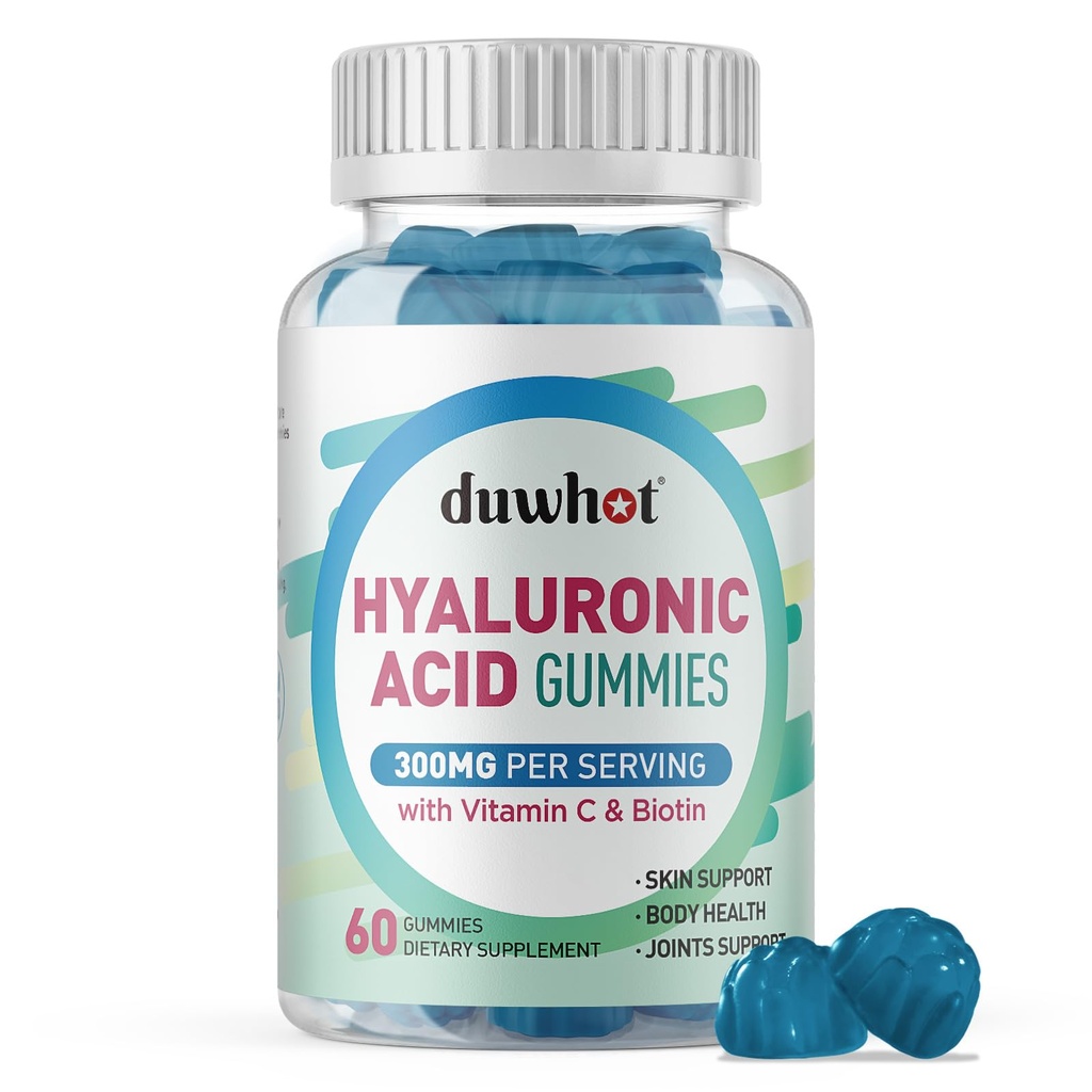 Hyaluronic Acid Gummies, Hyaluronic Acid Συμπληρώματα με βιταμίνη C & Biotin 5000mcg για το δέρμα, τα μαλλιά, νύχια υγεία, συμπληρώματα αρθρώσεων για γυναίκες & άνδρες, χαμηλή ζάχαρη, Vegan, μη GMO, 60 Counts
