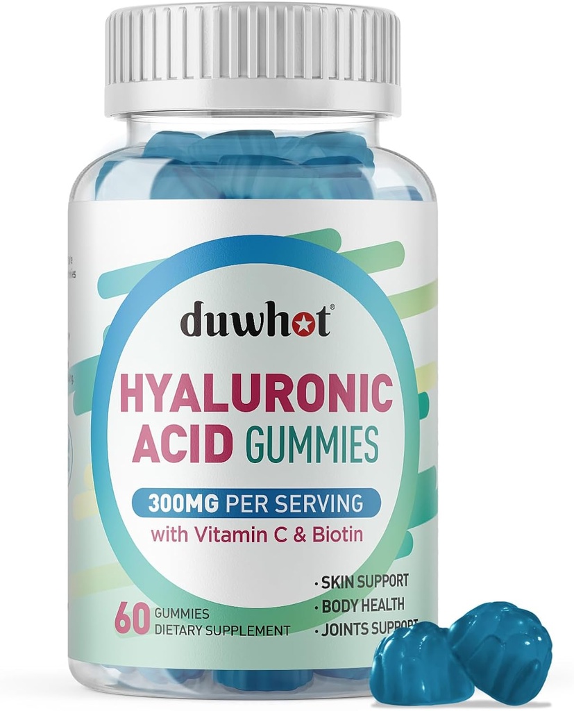 Hyaluronic Acid Gummies, Hyaluronic Acid Supplements with Vitamin C & Biotin 500006 for Skin, Saç, Nails Health, Ortaklar Kadınlar ve Erkekler için Tamamlar, Low Sugar, Vegan, Non-GMO, 60 Counts