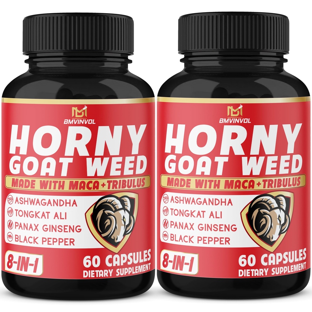 BMVINVOL (2 Packs) Horny Goat Weed Capsules with Maca, Tribulus, Ginseng. Ashwagandha,Tongkat Ali - 8in-1 for Support Energy Levels