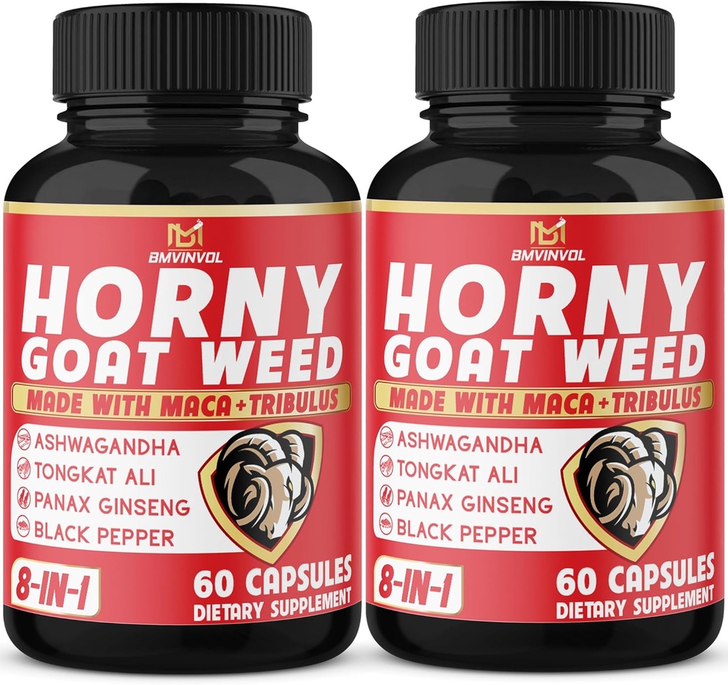 BMVINVOL (2 Packs) Horny Goat Weed Capsules with Maca, Tribulus, Ginseng. Ashwagandha,Tongkat Ali - 8in-1 for Support Energy Levels