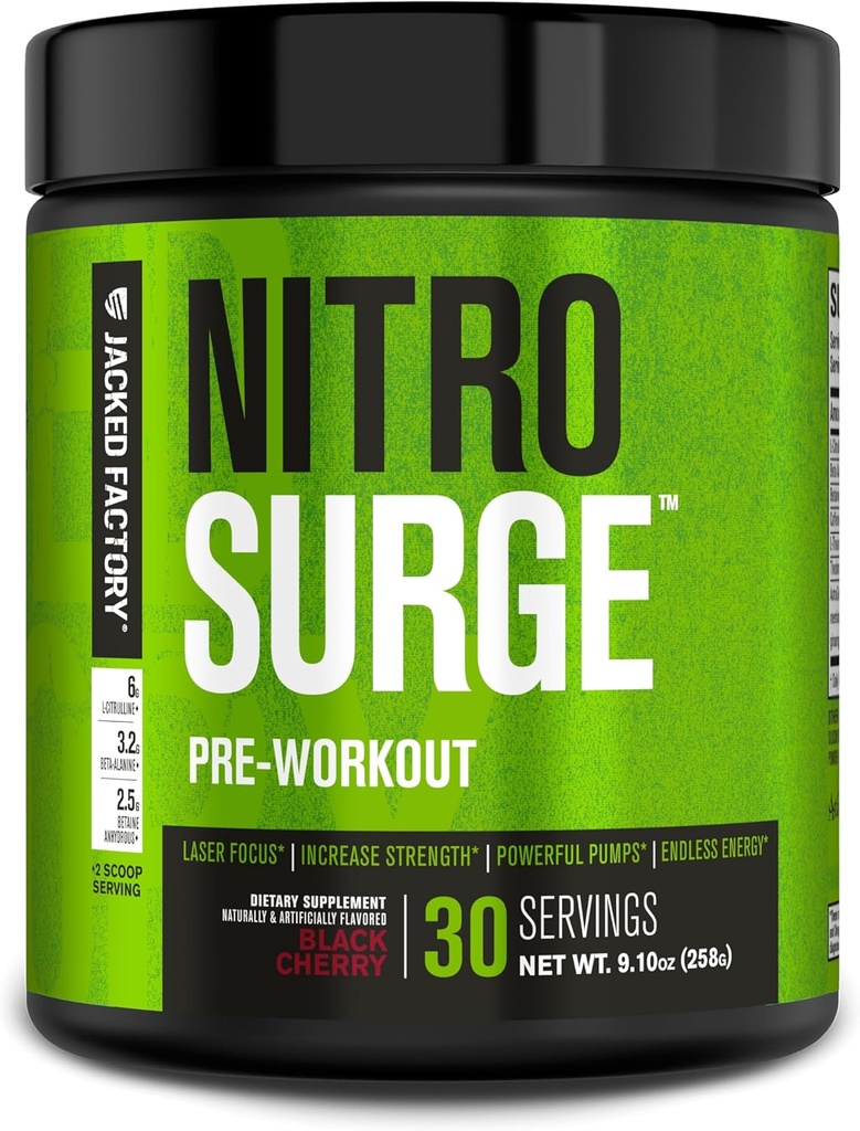 Jacked Factory NITROSURGE Pre Workout Supplement - Endless Energy, Instant Strength Gains, Clear Focus ve Intense Pumps - NO ATM & Güçlü Preworkout Energy Toz - 30 Hizmet, Black Cherry