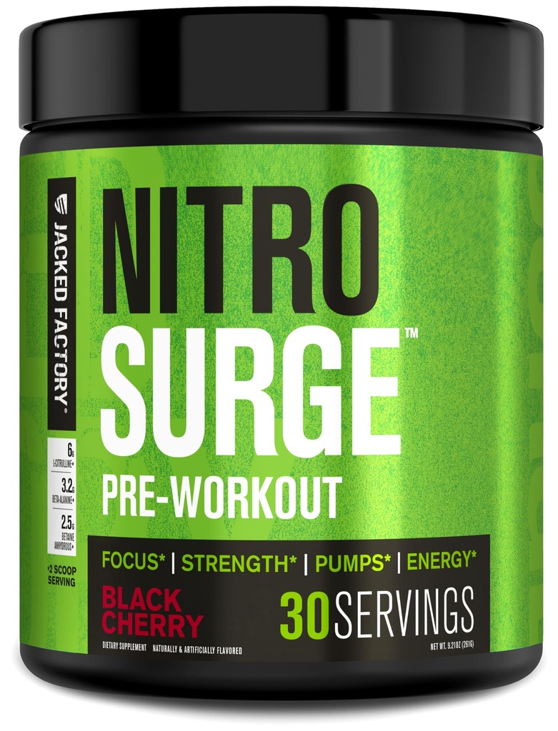 Jacked Factory NITROSURGE Preworkout Supplement - Ατελείωτη Ενέργεια, Άμεση Ενίσχυση Κερδίζει, Καθαρή Εστίαση και Έντονες Αντλίες - ΟΧΙ Booster & Ισχυρή Preworkout Energy Powder - 30 Υπηρεσίες, Μαύρο Τσέρι