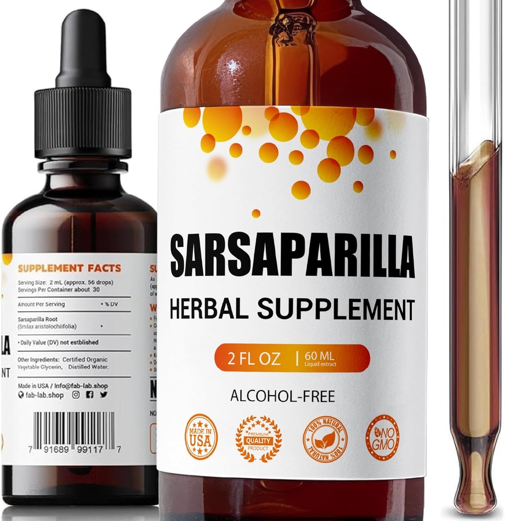 FabLab Sarsaparilla Root Tincture - Herbal Supplement for Detox and Immune Support - 2 Fl Oz - Alkol Özgür - GMO - Sağlıklı Cilt, Hormon Dengesi ve Digestion