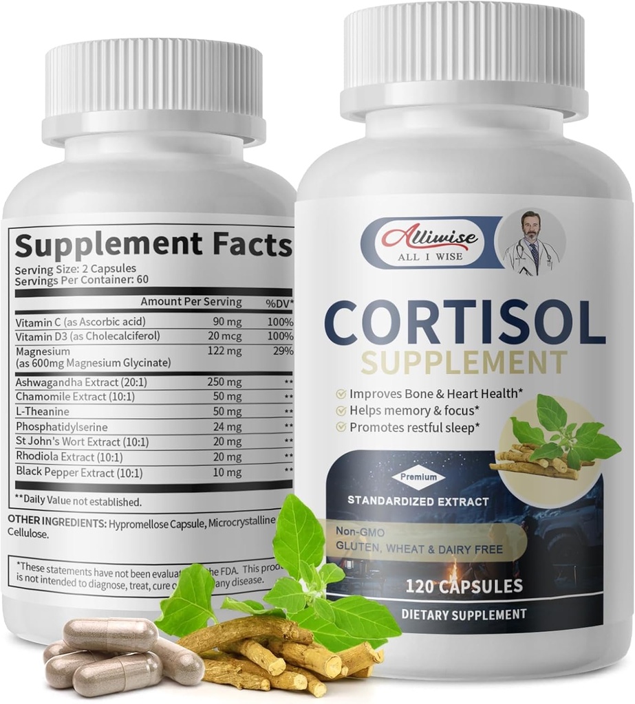 Kadınlar ve Erkekler için Cortisol Supplements,Cortisol Manager with Magnezyum, Ashwagandha,Rhodiola, L-Theanine,Balanced Cortisol Levels for Mood,Focus,Zzz Support